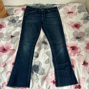 Y2K Paige Medium Dark Wash Slight Flair Low Medium Rise Raw edge Denim Jeans